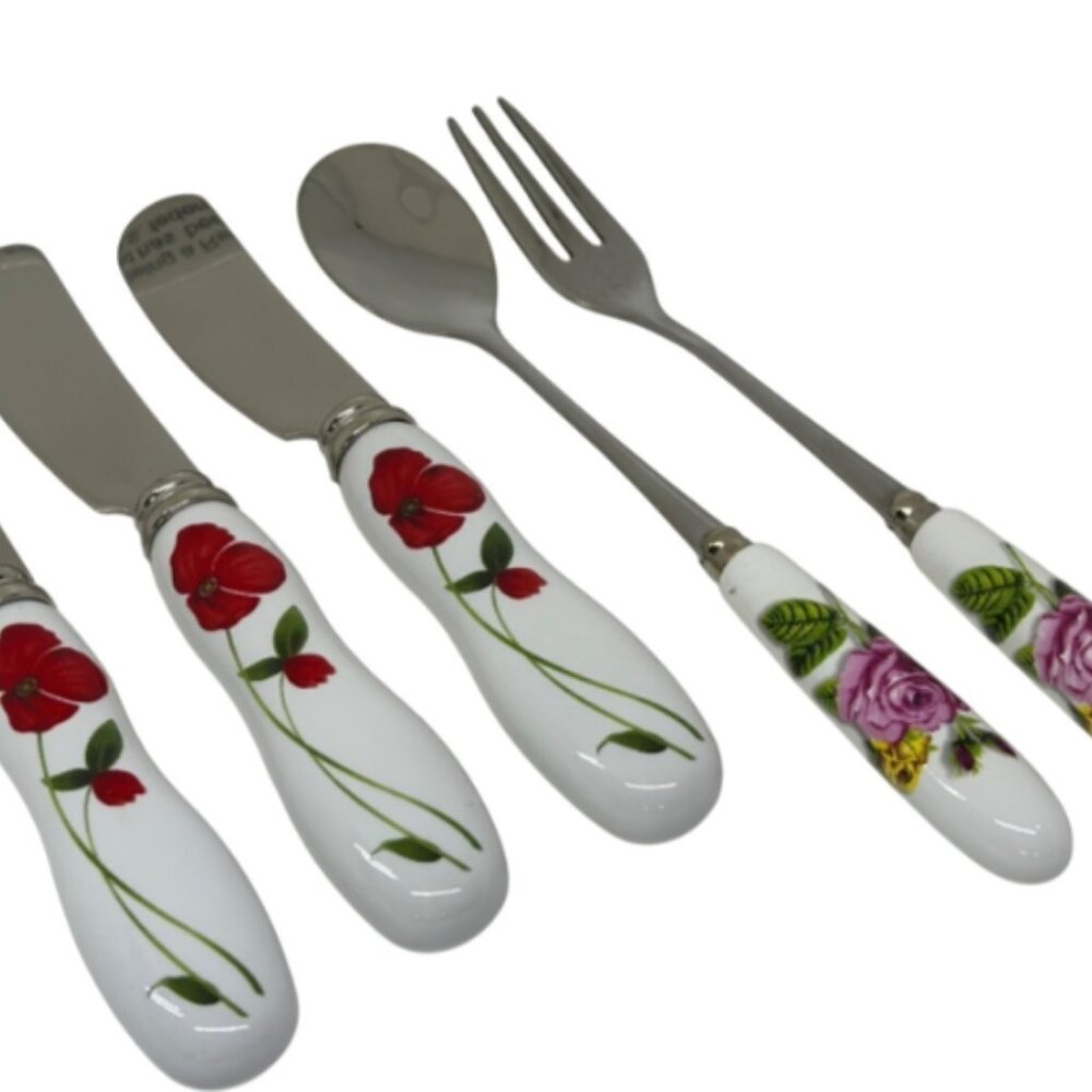 VTG Stainless Steel Porcelain Cheese Knife Spoon Set Floral Ceramic Handles 5pc